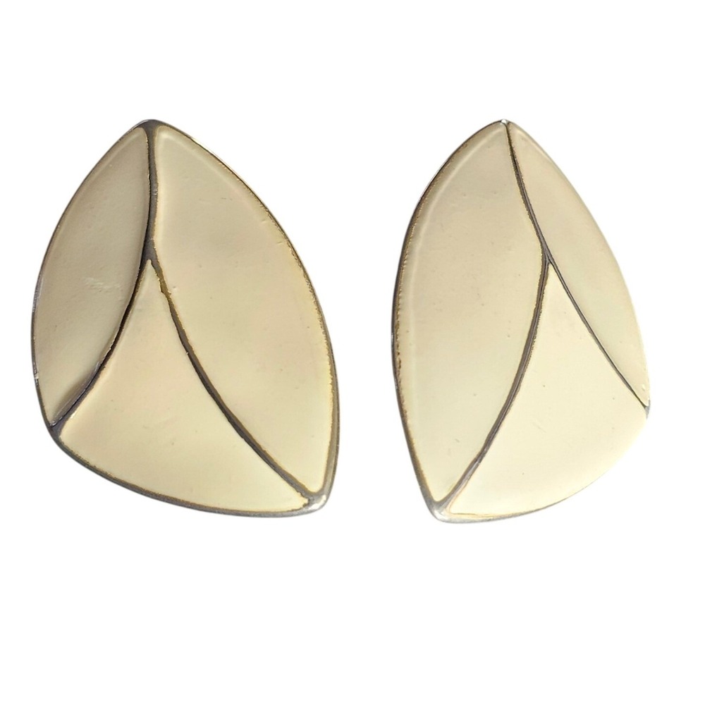 Vintage TAY Cream Enamel Leaf Stud Earrings Gold Tone Geometric Modernist